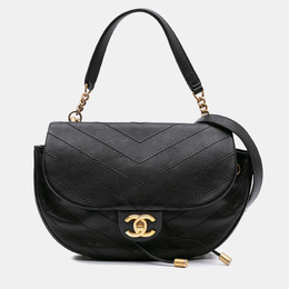 Chanel Black CC Chevron Lambskin Round Flap Satchel Bag 1134909