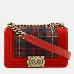 Chanel Red Velvet and Quilted Plaid Paris-Edinburgh Boy Bag 1135288