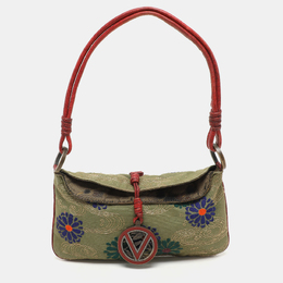 Valentino Green/Red Canvas and Lizard Leather V Logo Shoulder Bag 1137904