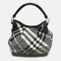 Burberry Grey/Black Beat Check Nylon and Patent Leather Studded Hobo 1139014