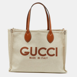 Gucci Beige/Light Brown Canvas and Leather Logo Printed Medium Tote 1138928