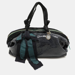 Lanvin Blue/Black Croc Embossed Leather and Satin Top Zip Satchel 1139113