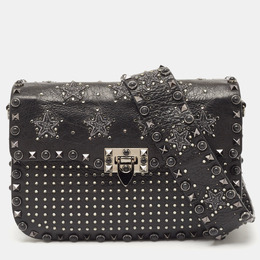 Valentino Black Leather Medium Star Crystal Rolling Rockstud Shoulder Bag 1139421