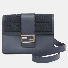 Fendi Navy Leather Canvas Flat Baguette Medium Shoulder Bag 1139603