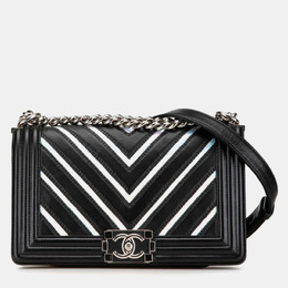 Chanel Black Silver Lambskin Patent Leather Chevron Boy Shoulder Bag 1141116