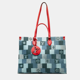 Louis Vuitton Blue Red Leather Monogram Denim OnTheGo GM Tote Bag 1141146
