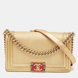 Chanel Gold/Red Cube Embossed Leather Medium Boy Flap Bag 1130266