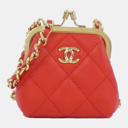 Chanel Red Lambskin Quilted Mini Kiss Lock Clutch With Chain 1141243