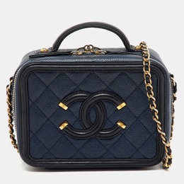 Chanel Navy Blue/Black Quilted Caviar Leather Small CC Filigree Vanity Case Bag 1141621