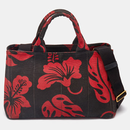 Prada Red/Black Canvas Floral Canapa Tote 1142708