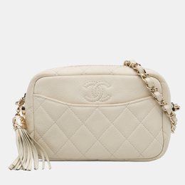 Chanel White Small CC Flat Quilted Caviar Camera Bag 1144328