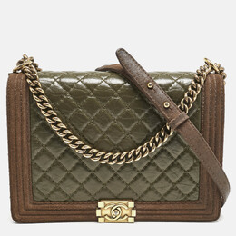 Chanel Olive Green/Brown Quilted Leather and Suede Large Boy Flap Bag 1144367