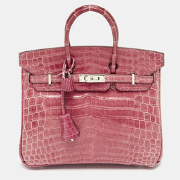 Hermes Rose Tyrien Shiny Niloticus Crocodile Palladium Finish Birkin 25 Bag 1144392