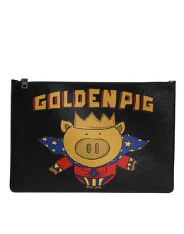 Dolce & Gabbana Black Leather Golden Pig Print Men Clutch Pouch Borse Bag bag4680