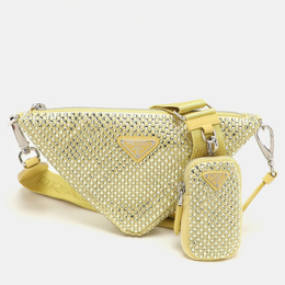 Prada Yellow Crystal Embellished Satin Triangle Logo Crossbody Bag 1145711