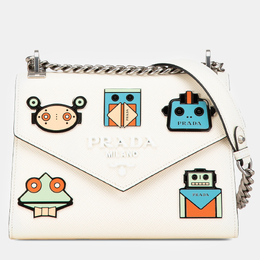 Prada White Saffiano Leather Monochrome Robot Patches Envelope Chain Flap Bag 1129523