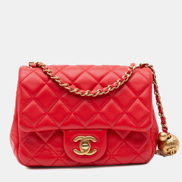 Chanel Red Mini Square Classic Lambskin Pearl Crush Single Flap Bag 1137773