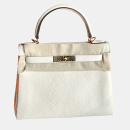 Hermes Cream White Leather Kelly 28 Top Handle Bag 1143582