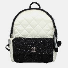 Chanel White & Black Leather, Nylon, Tweed Quilted Nylon & Tweed Backpack 1147276