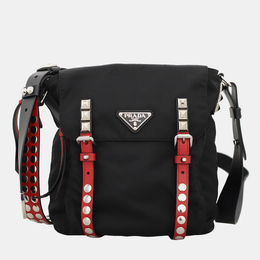 Prada Black & Red Leather and Nylon New Vela Studded Messenger Bag 1147326