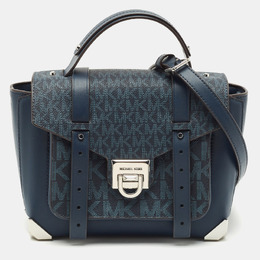 Michael Kors Navy Blue Signature Coated Canvas Medium Manhattan Top Handle Bag 1148483