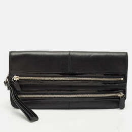 Coach Black Leather and Patent Leather Double Zip Long Clutch 1148547