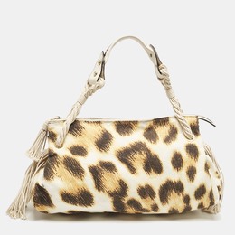 Roberto Cavalli White/Brown Leopard Print Canvas Tassel Hobo 1148505