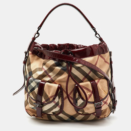Burberry Beige/Burgundy Nova Check PVC and Patent Leather Drawstring Hobo 1150612
