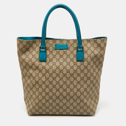 Gucci Beige/Teal Blue GG Supreme Canvas and Leather Vertical Tote 1149789