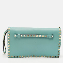 Valentino Light Green Leather Rockstud Flap Wristlet Clutch 1153015