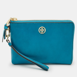 Tory Burch Teal Green Leather Zip Wristlet Clutch 1152438