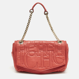 CH Carolina Herrera Red Monogram Leather Double Flap Shoulder Bag 1153289