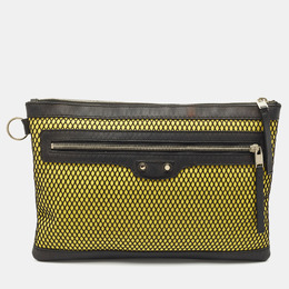 Balenciaga Black/Yellow Mesh Nylon and Leather Clip Clutch 1156093