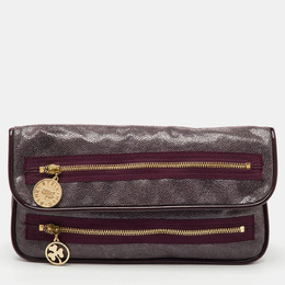 Stella McCartney Burgundy Faux Leather Zipper Detail Fold Over Clutch 1153778