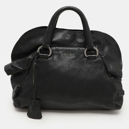 Prada Black Leather Ruffle Bauletto Satchel 1156545