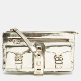 Gucci Gold Patent Leather Studded Wristlet Zip Clutch 1156508