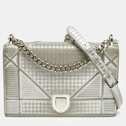 Christian Dior Silver Microcannage Patent Leather Medium Christian Diorama Shoulder Bag 1156330