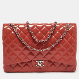 Chanel Coral Red Quilted Patent Leather Maxi Classic Double Flap Bag 1157294