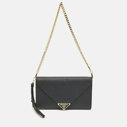 Prada Black Saffiano Triang Leather Envelope Chain Clutch 1158244