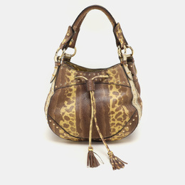Roberto Cavalli Yellow/Brown Foil Leather and Karung Leather Tassel Drawstring Hobo 1157898