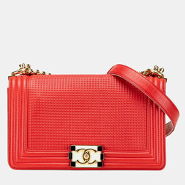 Chanel Red Leather Boy Waffle Chain Shoulder Bag 1157484