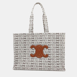 Celine White Tan Canvas Leather Triomphe Cabas Large Tote Bag 1161115