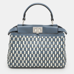 Fendi Blue/White Woven Leather Mini Peekaboo Top Handle Bag 1161729
