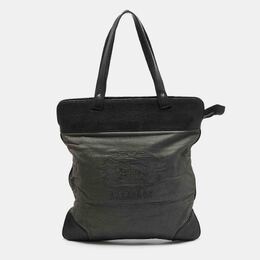 Burberry Black/Grey Logo Embroidered Fabric and Leather Flat Tote 1161338