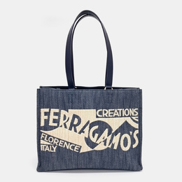 Salvatore Ferragamo Navy Blue Denim denim logo tote and shoulder bag large 1162543