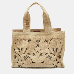 Valentino Beige Canvas and Raffia Medium Resort Flower Tote 1162312