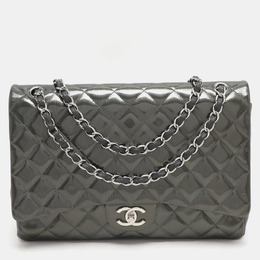 Chanel Grey Straited Quilted Patent Leather Maxi Classic Double Flap Bag 1163200