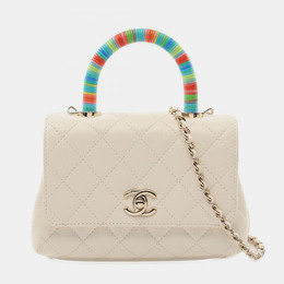 Chanel White Quilted Chevre Rainbow Coco Handle Flap Bag 1163950