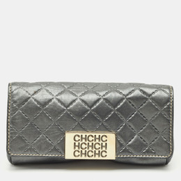CH Carolina Herrera Metallic Grey Quilted Embossed Leather Flap Clutch 1163380