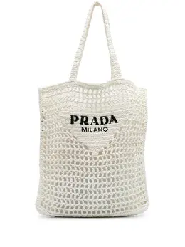 Prada 2000-2024 Raffia Effect Crochet Logo Embroidered tote bag 30864873